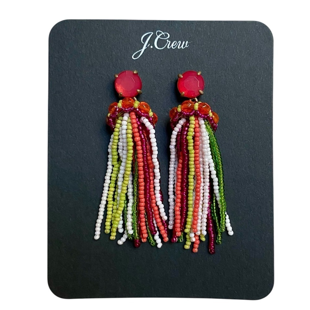 J.Crew AP434 Beaded Tassel Earrings NWT Multicolor Fringe Statement